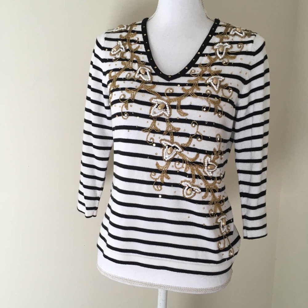 Vintage 90s Gold Beaded Striped V-Neck Sweater Small